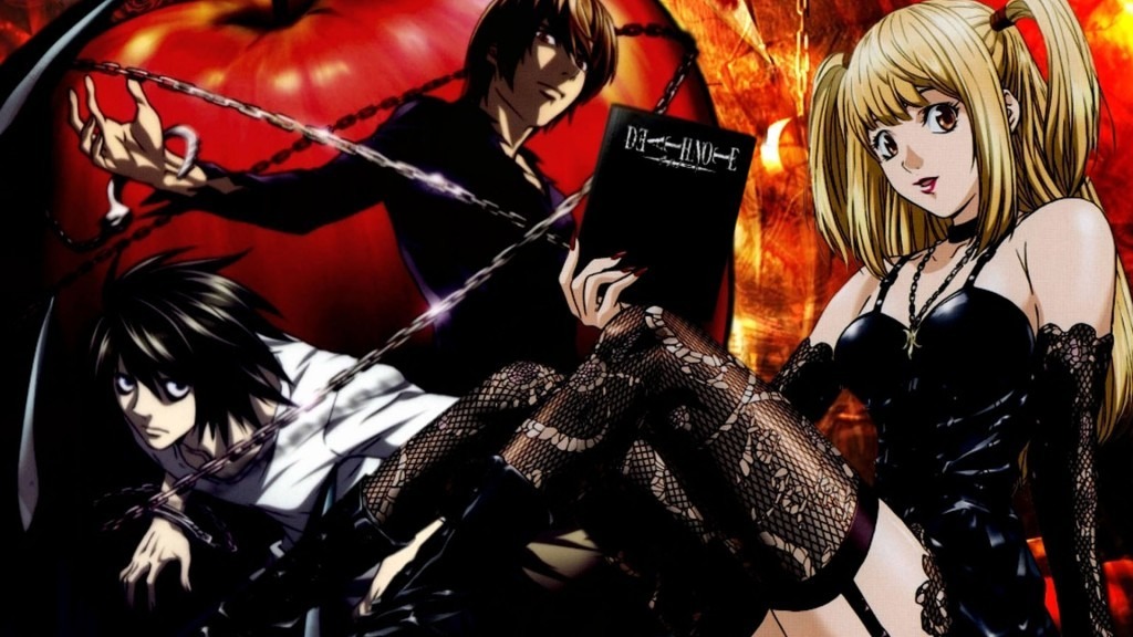 Os protagonistas de Death Note, L e Light atrás e Misa na frente segurando o death note