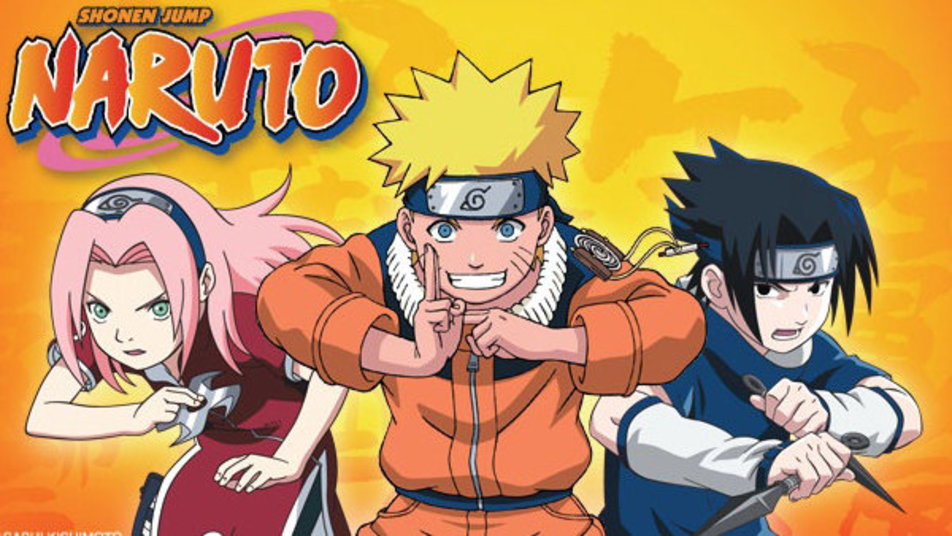Os protagonistas de naruto, Naruto (centro), Sakura (esquerda), Sasuke (direita)
