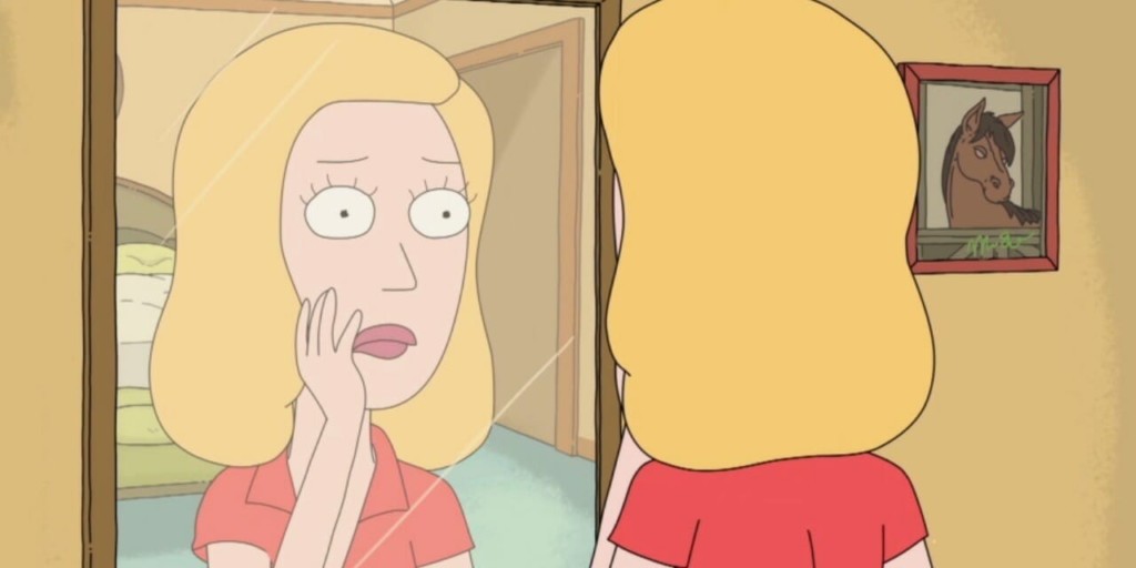 Beth se olhando no espelho em Rick and Morty