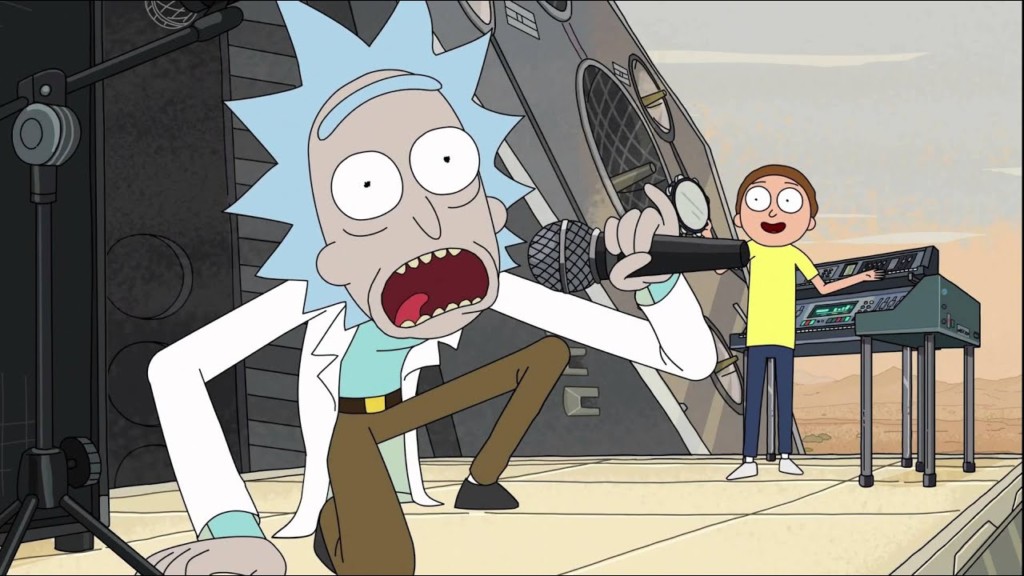 Rick cantando para a audiência em Rick and Morty